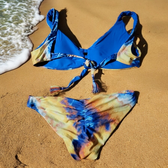 Becca Buckle Reversible Bikini Top L Bottom L Blue Yellow Orange Tie Die - Picture 2 of 4